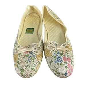 Vtg Daniel Green House Slippers-Brocade gold floral bow-  Sz 8 hard bottom